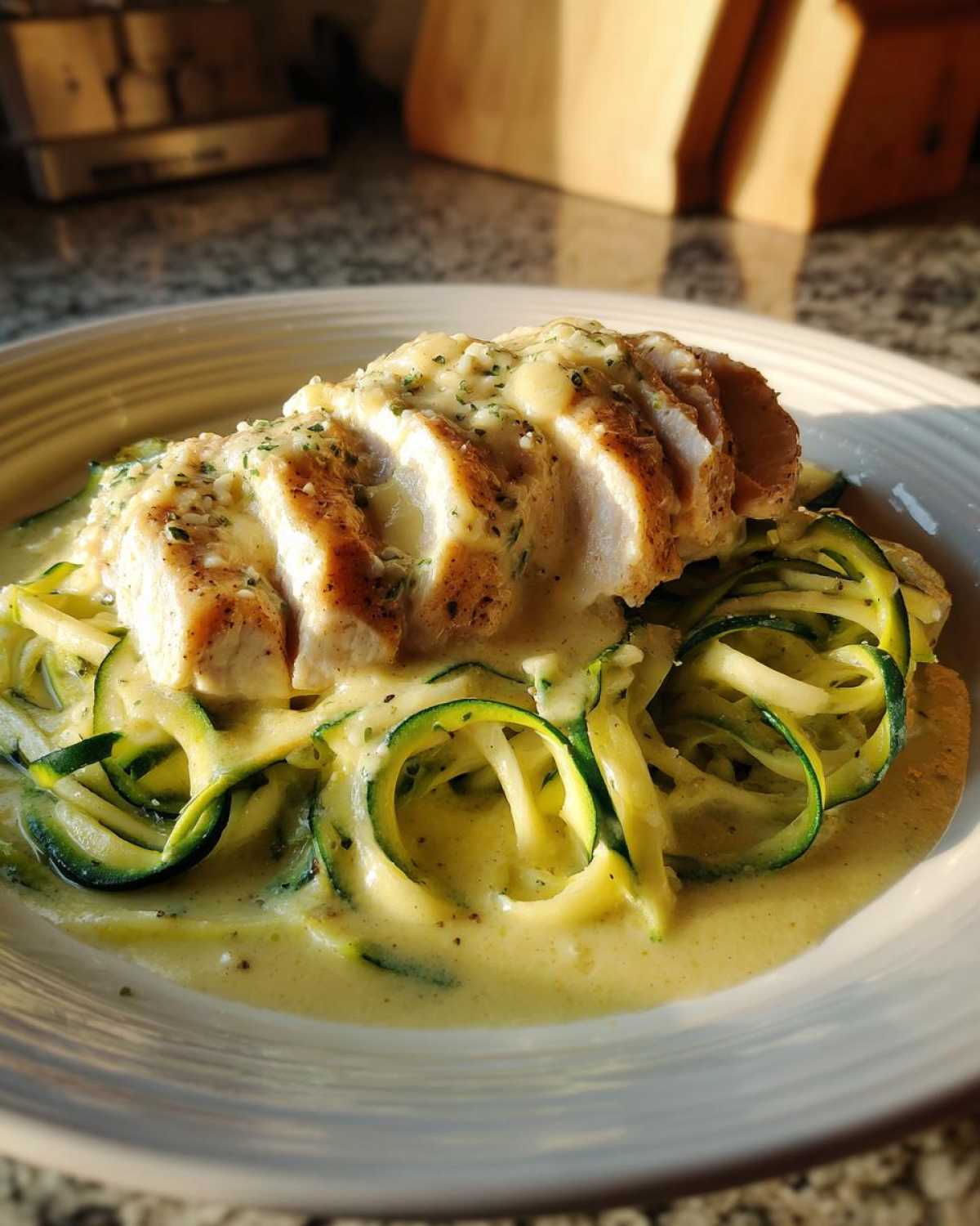 Sliced chicken breast covered in creamy sauce served over zucchini noodles for Keto Chicken Alfredo.