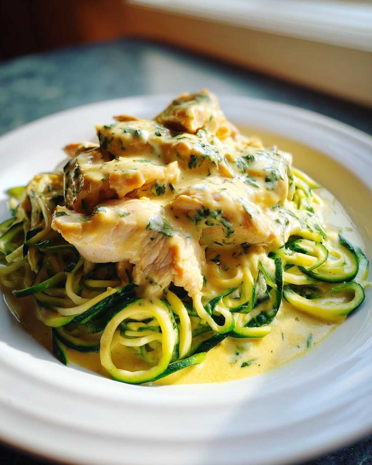 Close-up of Keto Chicken Alfredo featuring chicken pieces and zucchini noodles covered in creamy sauce.