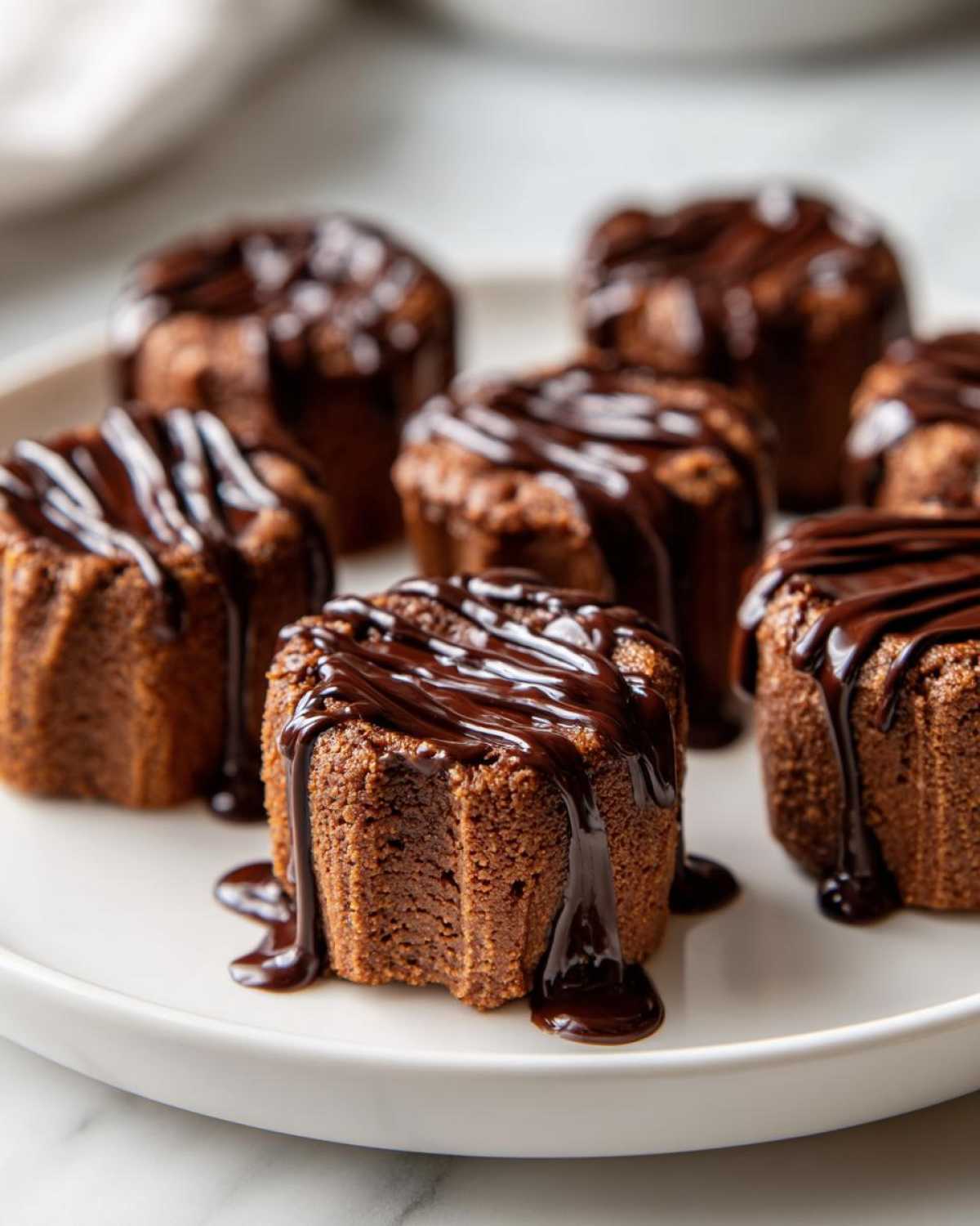 Close-up of several Keto Chocolate Peanut Butter Fat Bombs drizzled generously with melted dark chocolate sauce.
