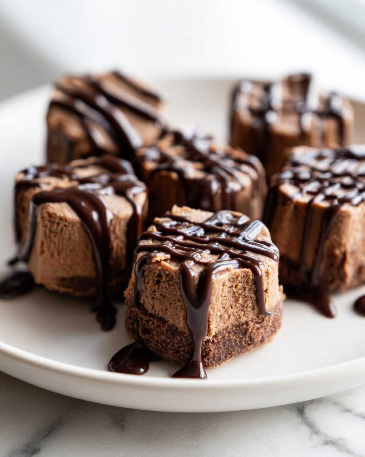 Close-up of several Keto Chocolate Peanut Butter Fat Bombs drizzled with rich chocolate sauce on a white plate.