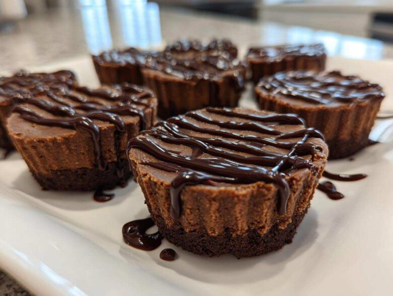 Close-up of several Keto Chocolate Peanut Butter Fat Bombs drizzled with chocolate sauce on a white platter.