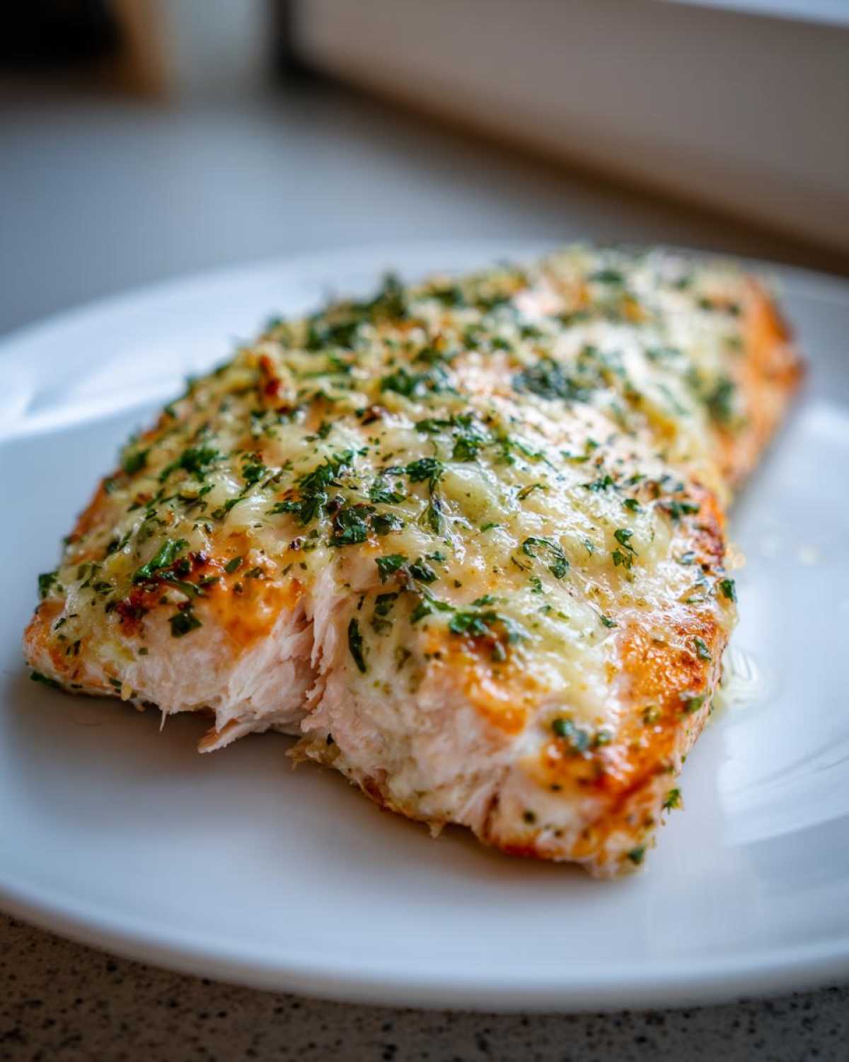 Close-up of a perfectly cooked Keto Garlic Butter Salmon fillet topped with melted cheese and fresh parsley.