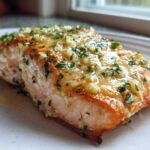 A close-up of a perfectly cooked Keto Garlic Butter Salmon fillet, glistening with butter, minced garlic, and parsley.