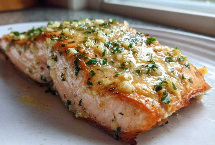 A close-up of a perfectly cooked Keto Garlic Butter Salmon fillet, glistening with butter, minced garlic, and parsley.