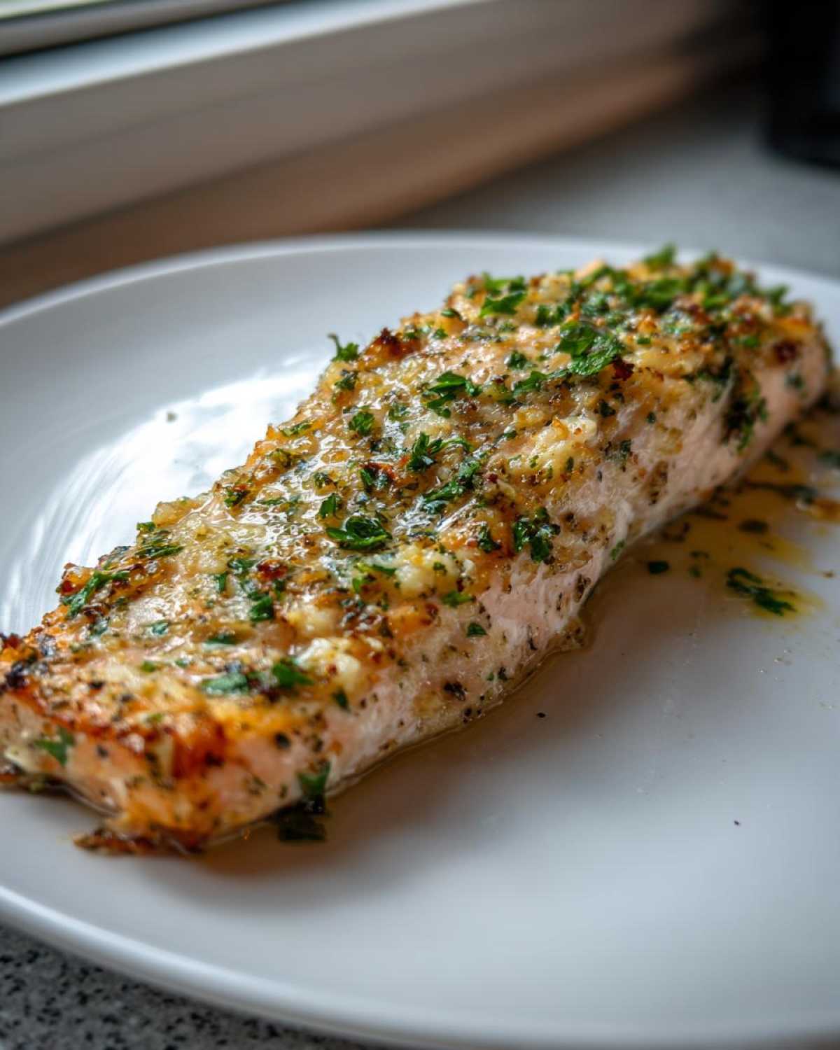 Close-up of a perfectly cooked Keto Garlic Butter Salmon fillet topped with melted butter, garlic, and fresh parsley.