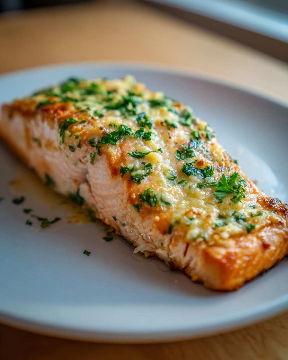 Close-up of a perfectly cooked Keto Garlic Butter Salmon fillet topped with melted cheese and fresh parsley.