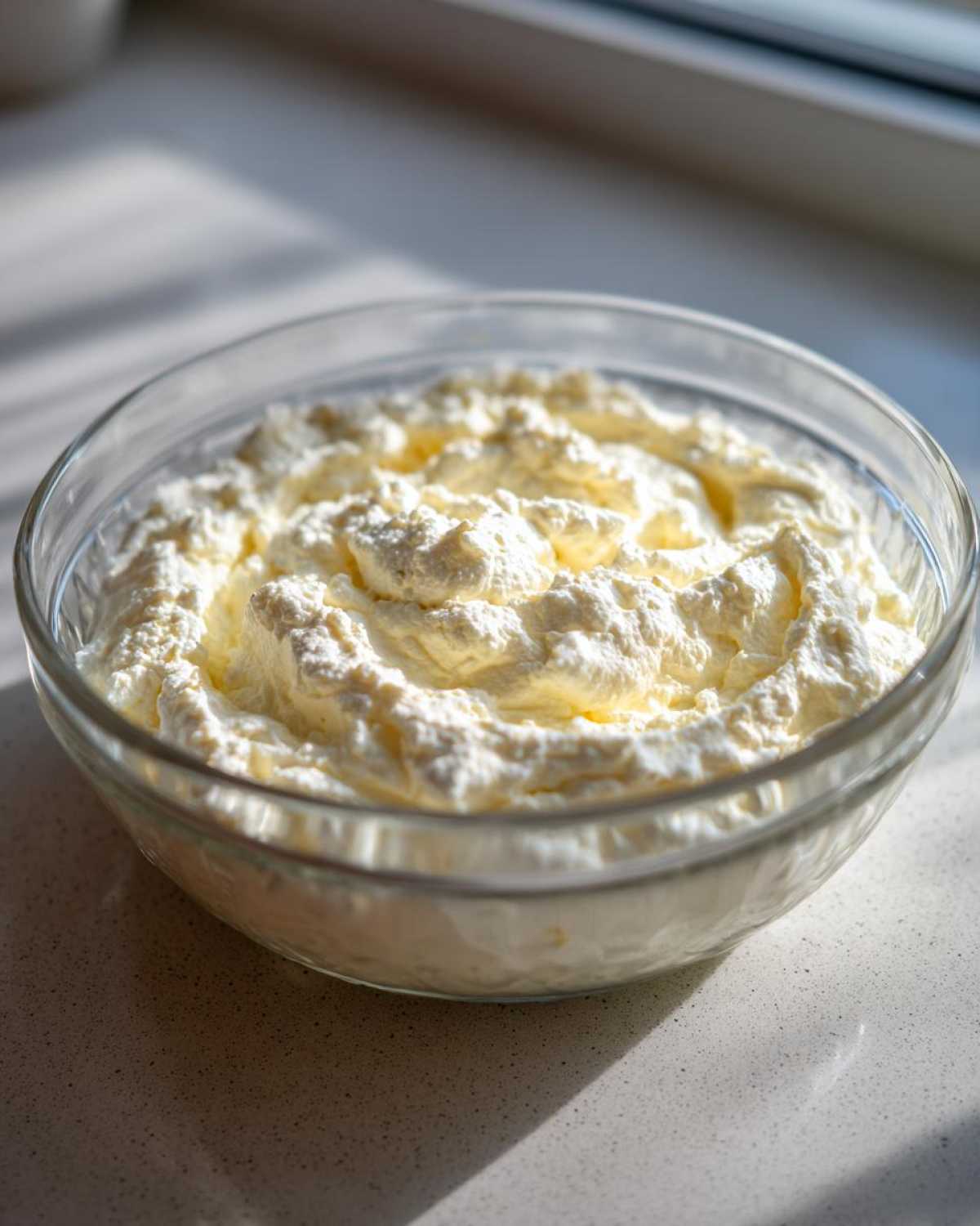 A glass bowl filled with fluffy, pale yellow Keto Lemon Cheesecake Mousse mixture, sitting on a light countertop.