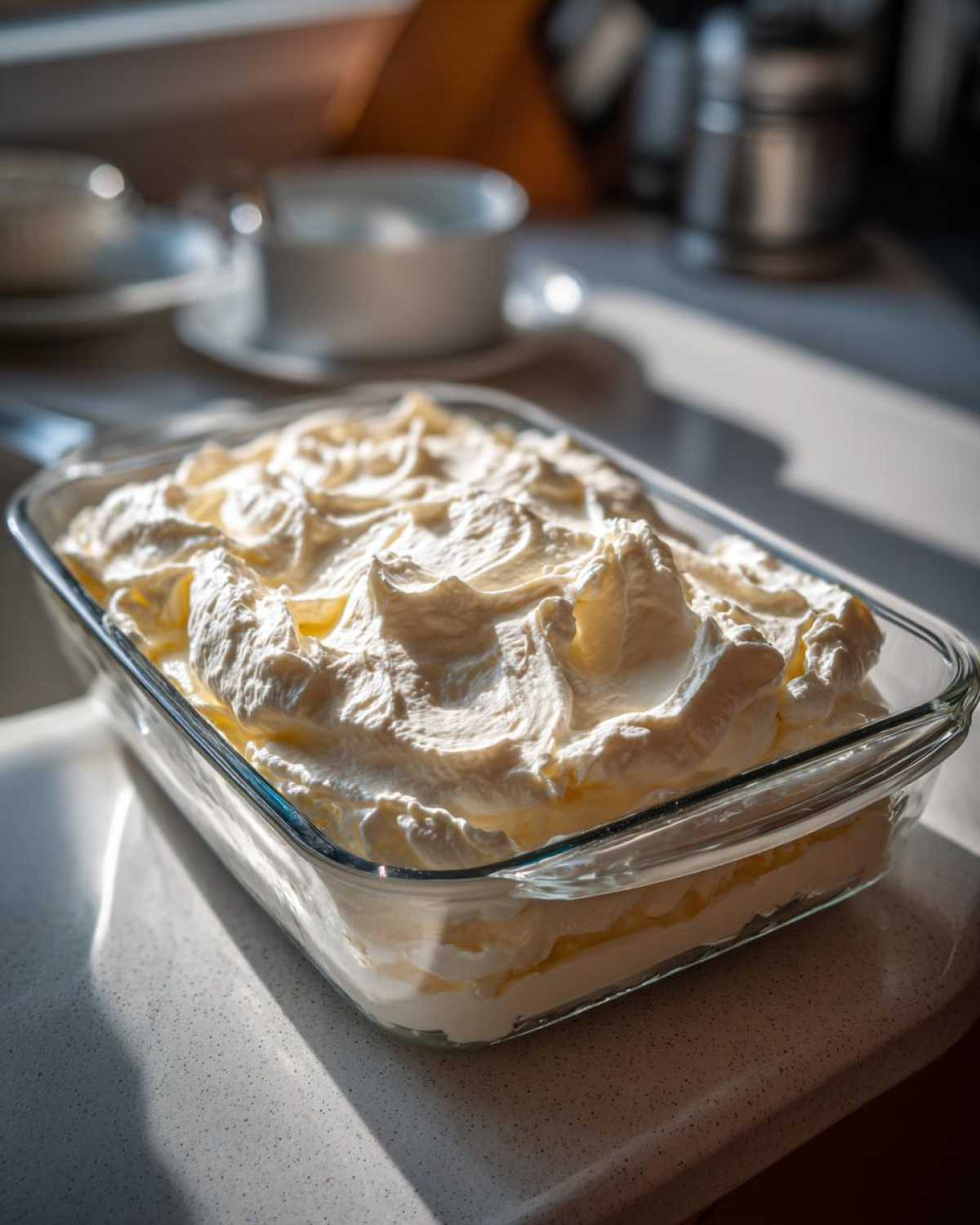 A glass dish filled with fluffy, swirled Keto Lemon Cheesecake Mousse, brightly lit by sunlight.