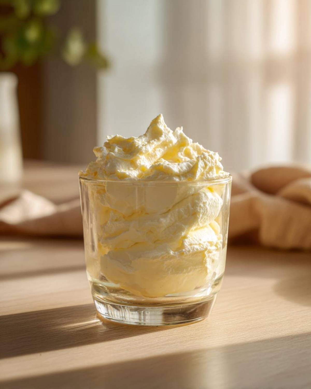 A glass filled high with fluffy, pale yellow Keto Lemon Cheesecake Mousse, served on a wooden table.