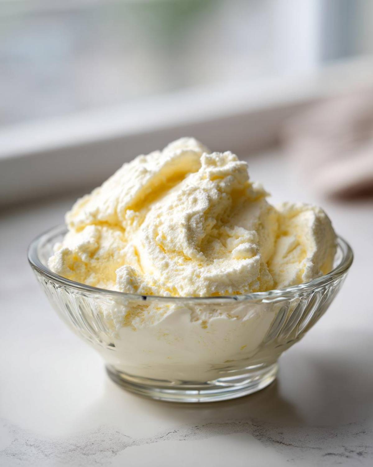 A close-up of fluffy, pale yellow Keto Lemon Cheesecake Mousse served in a small, clear glass bowl.