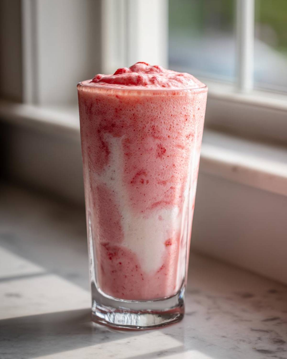 A tall glass filled with a thick, pink Keto Strawberry Cheesecake Smoothie, showing swirls of white cream against the blended strawberries.