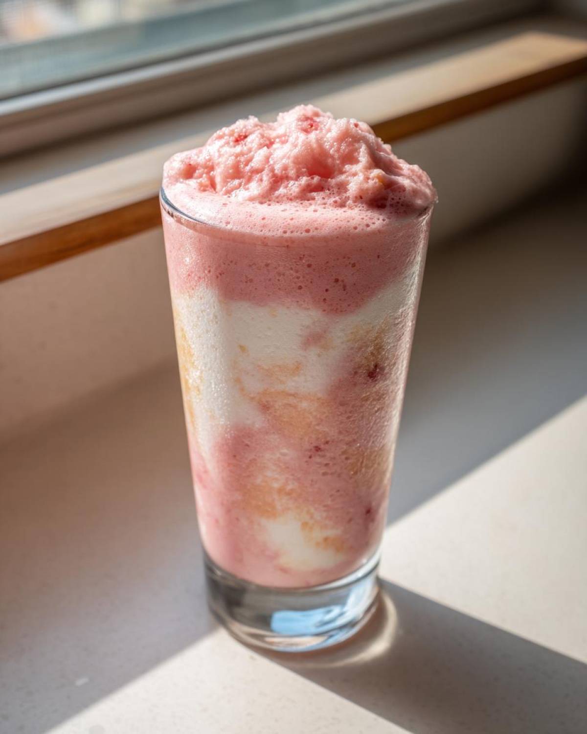 A tall glass filled with a layered Keto Strawberry Cheesecake Smoothie, topped with frozen pink foam.