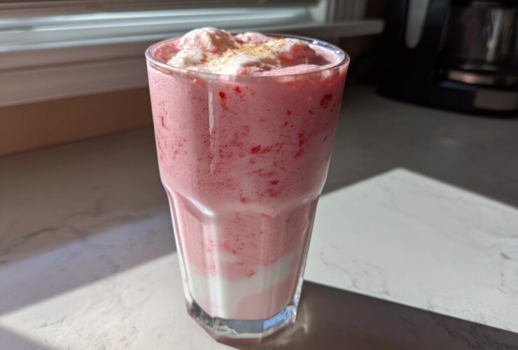 A tall glass filled with a pink Keto Strawberry Cheesecake Smoothie, topped with whipped cream and cinnamon.