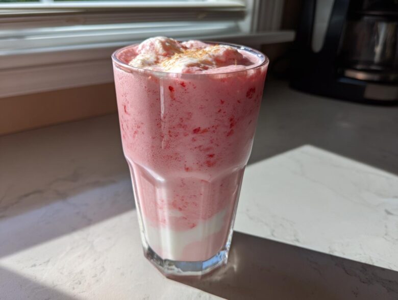 A tall glass filled with a pink Keto Strawberry Cheesecake Smoothie, topped with whipped cream and cinnamon.