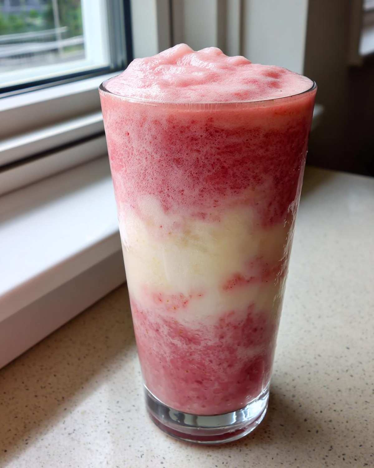 A tall glass filled with a layered Keto Strawberry Cheesecake Smoothie, showing pink strawberry mix and white creamy layers.