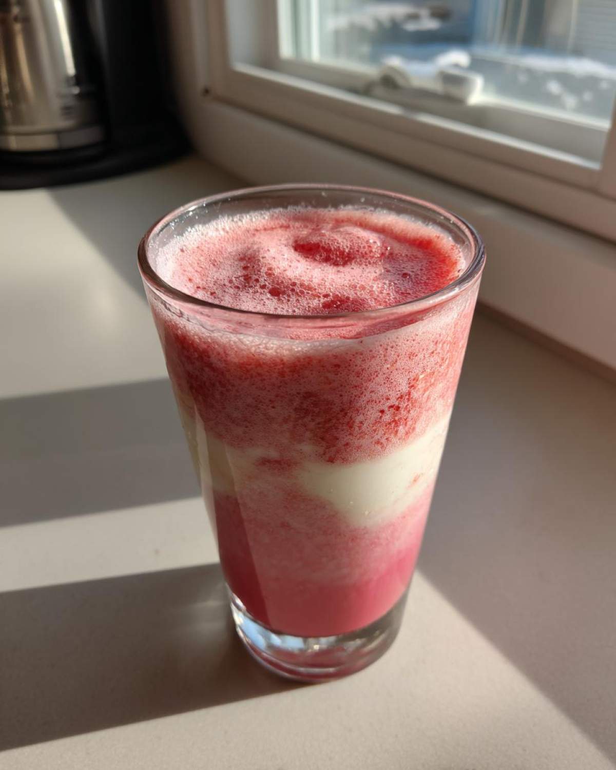 A layered Keto Strawberry Cheesecake Smoothie with pink strawberry layers and a white creamy layer, sitting on a counter near a window.