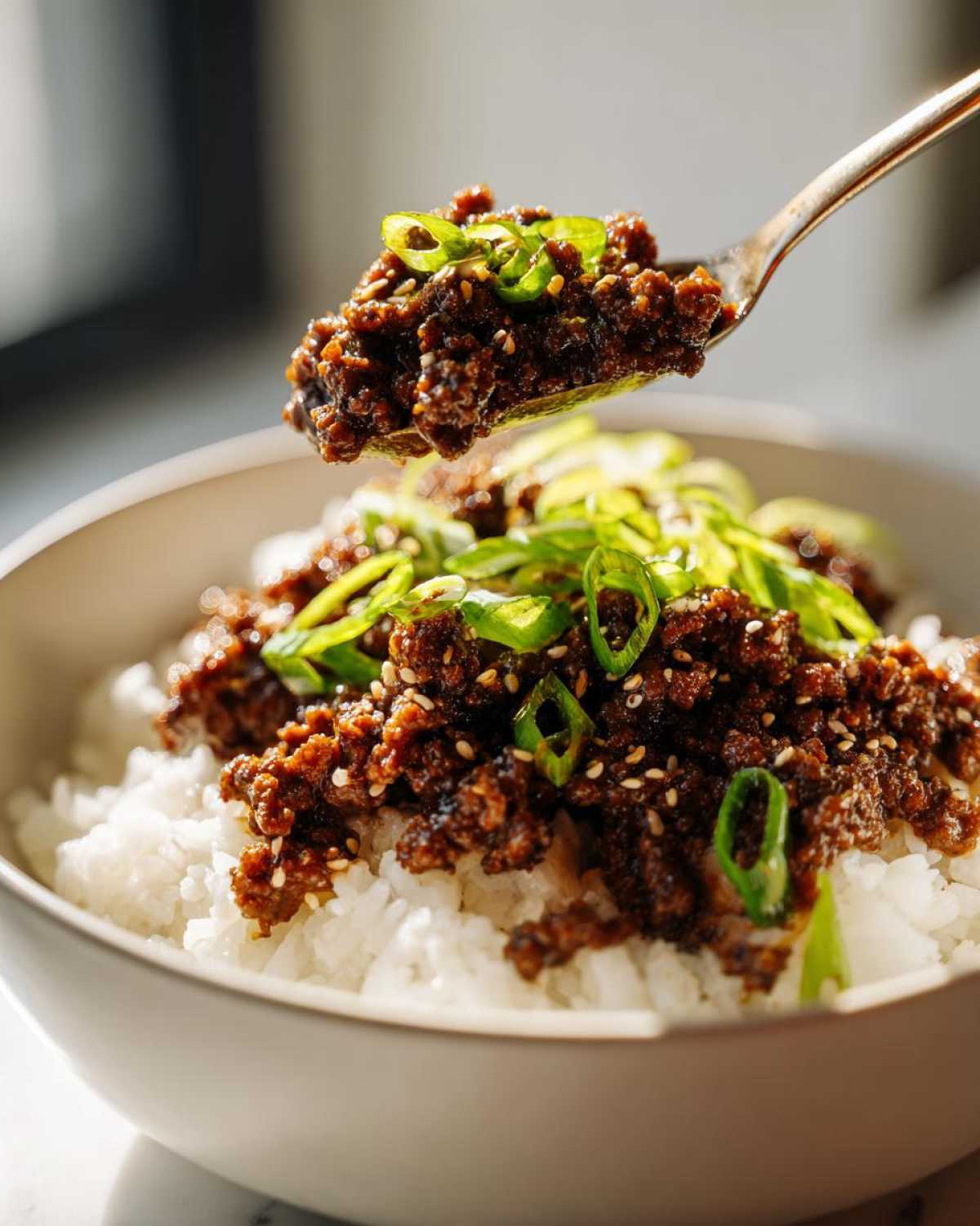 A spoonful of rich Korean Ground Beef Bulgogi being lifted from a bowl of white rice topped with green onions.