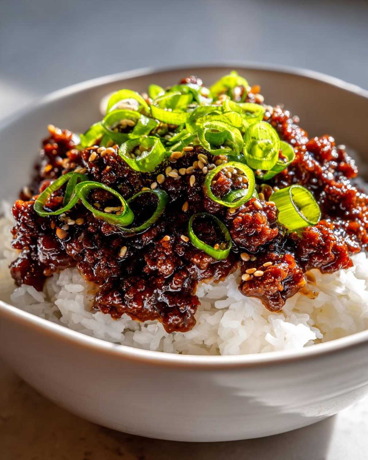Close-up of savory Korean Ground Beef Bulgogi served over white rice and topped with sliced green onions and sesame seeds.