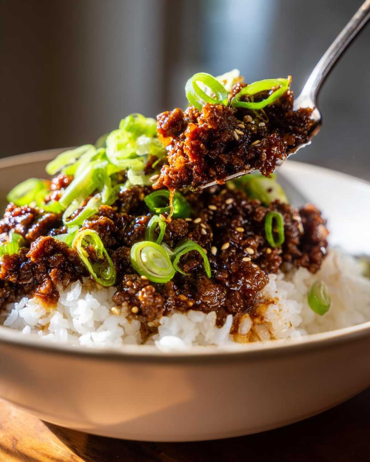 A spoonful of saucy Korean Ground Beef Bulgogi is lifted from a bowl of white rice topped with fresh green onions.