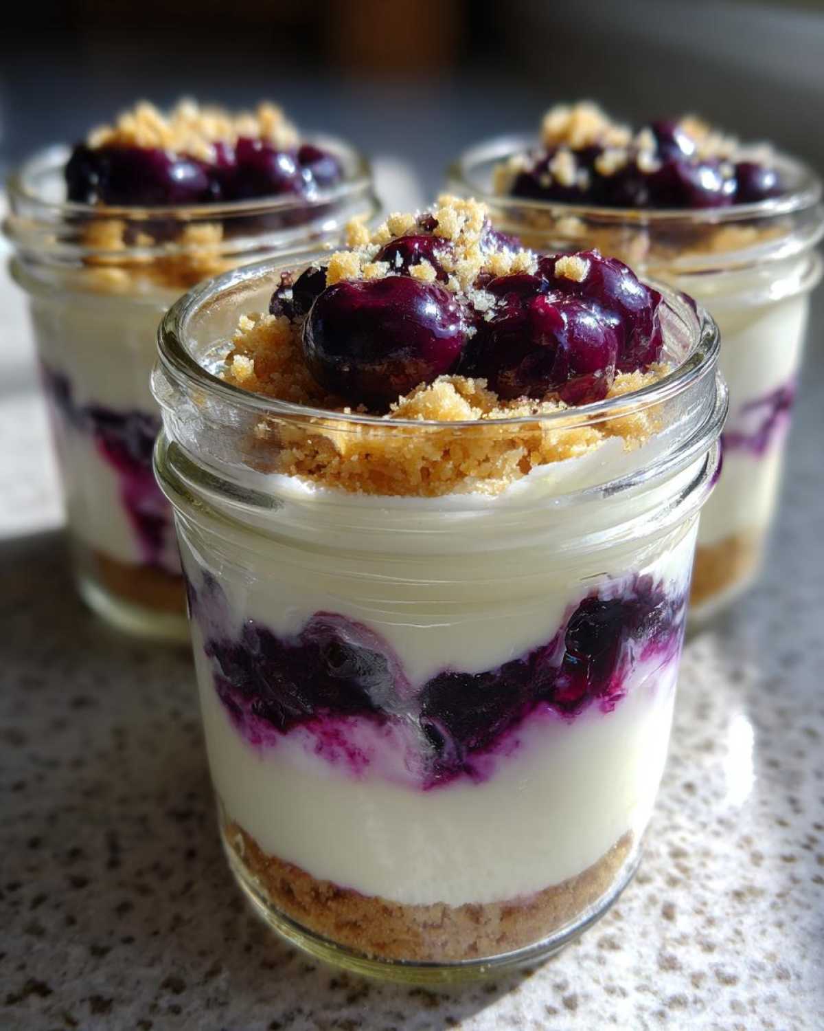 Three individual servings of Lemon Blueberry Cheesecake Jars layered in glass jars with a graham cracker crust.