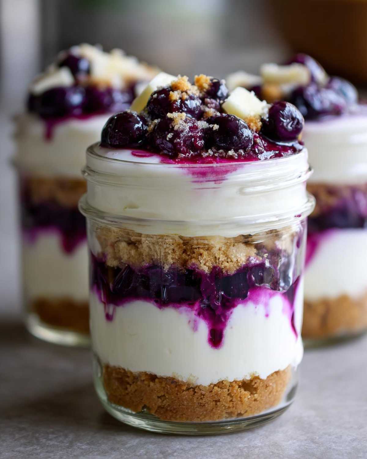 Close-up of a layered Lemon Blueberry Cheesecake Jar showing graham cracker crust, white cream cheese filling, and blueberry topping.