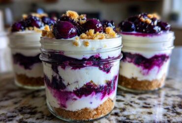 Close-up of layered Lemon Blueberry Cheesecake Jars with graham cracker crust and blueberry topping.