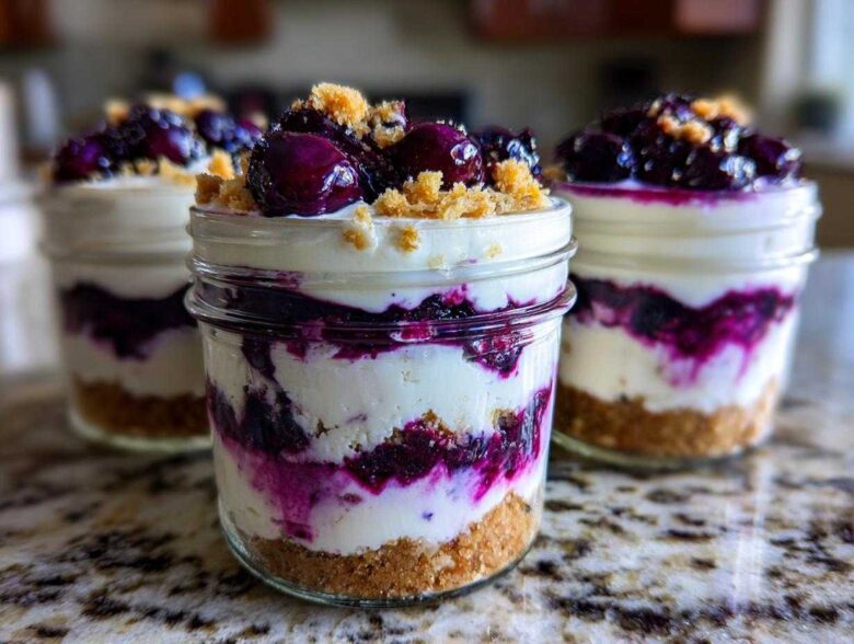 Close-up of layered Lemon Blueberry Cheesecake Jars with graham cracker crust and blueberry topping.