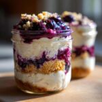 Close-up of a layered Lemon Blueberry Cheesecake Jars dessert in a glass jar with graham cracker crust and blueberry topping.