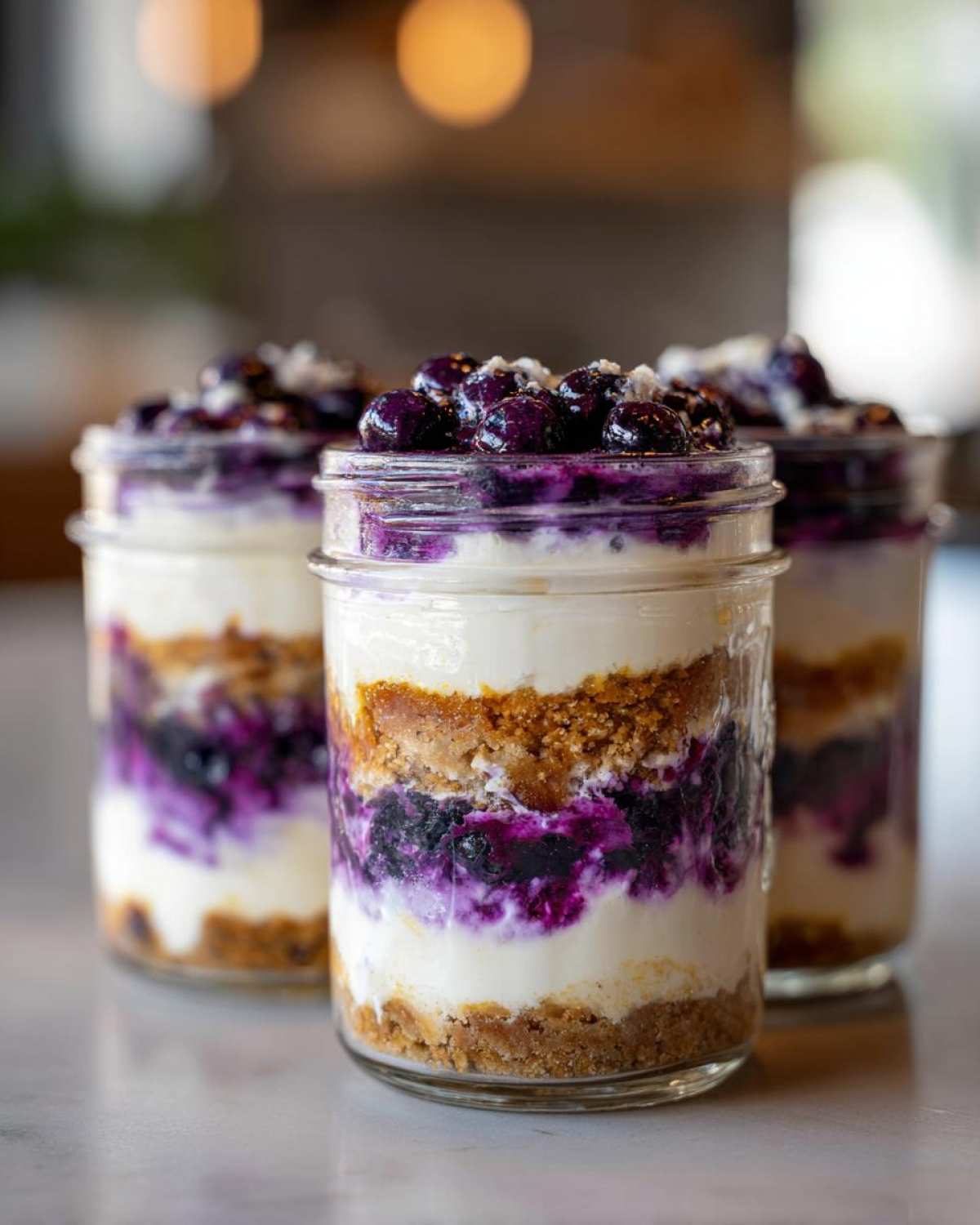 Close-up of layered Lemon Blueberry Cheesecake Jars showing graham cracker crust, creamy filling, and blueberry topping.