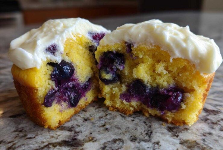 Close-up of a Lemon Blueberry Cupcakes with Cream Cheese Frosting cut in half showing moist cake and berries.