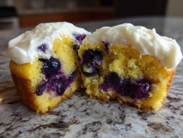 Close-up of a Lemon Blueberry Cupcakes with Cream Cheese Frosting cut in half showing moist cake and berries.