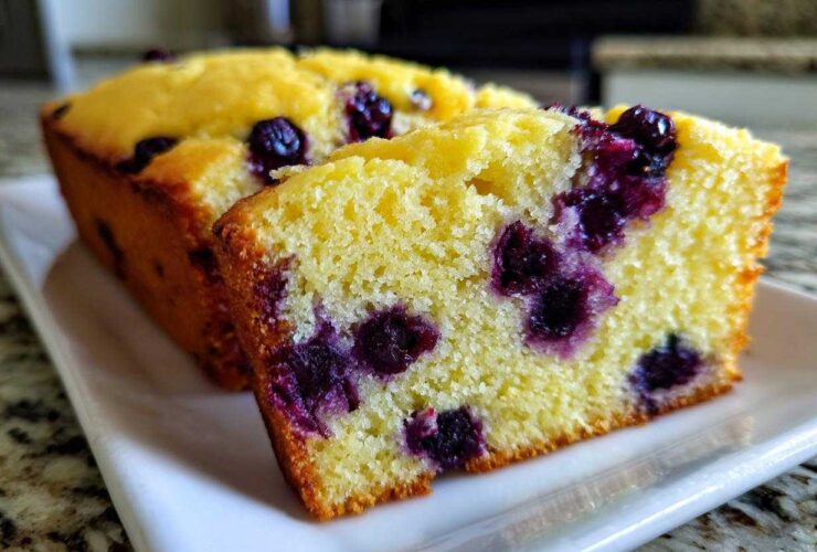 Close-up of a slice of moist Lemon Blueberry Yogurt Loaf showing bright yellow crumb and burst blueberries.