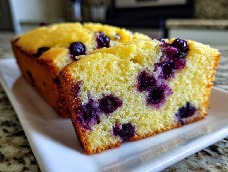 Close-up of a slice of moist Lemon Blueberry Yogurt Loaf showing bright yellow crumb and burst blueberries.