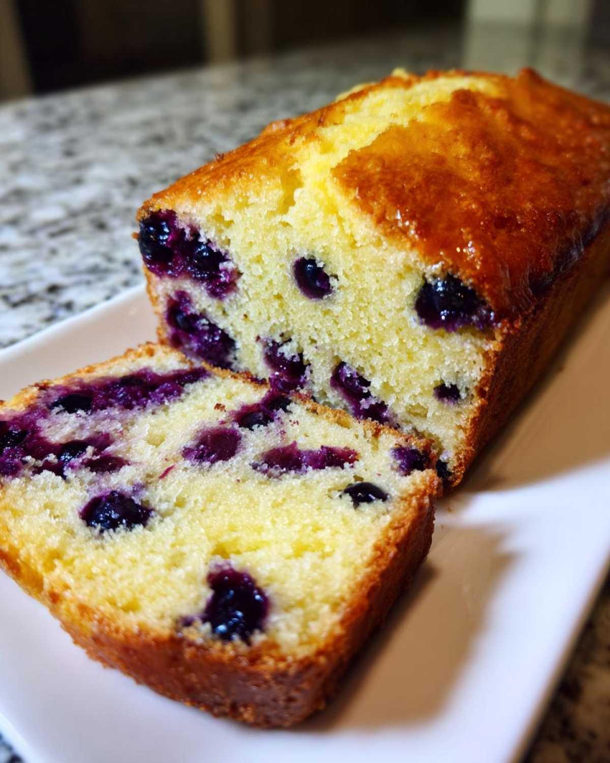 Close-up of a sliced Lemon Blueberry Yogurt Loaf showing moist crumb and juicy blueberries.
