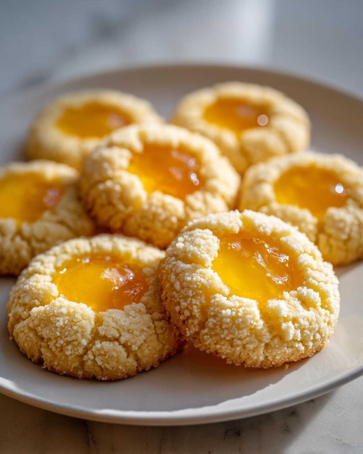 A close-up of several bright Lemon Curd Thumbprint Cookies rolled in sugar, sitting on a light plate.