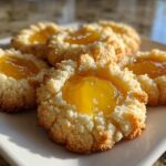 Four golden-brown Lemon Curd Thumbprint Cookies with bright yellow centers, sitting on a white plate.