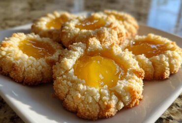 Four golden-brown Lemon Curd Thumbprint Cookies with bright yellow centers, sitting on a white plate.
