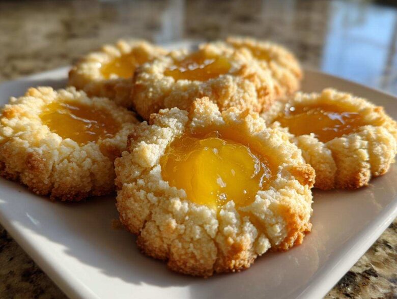 Four golden-brown Lemon Curd Thumbprint Cookies with bright yellow centers, sitting on a white plate.