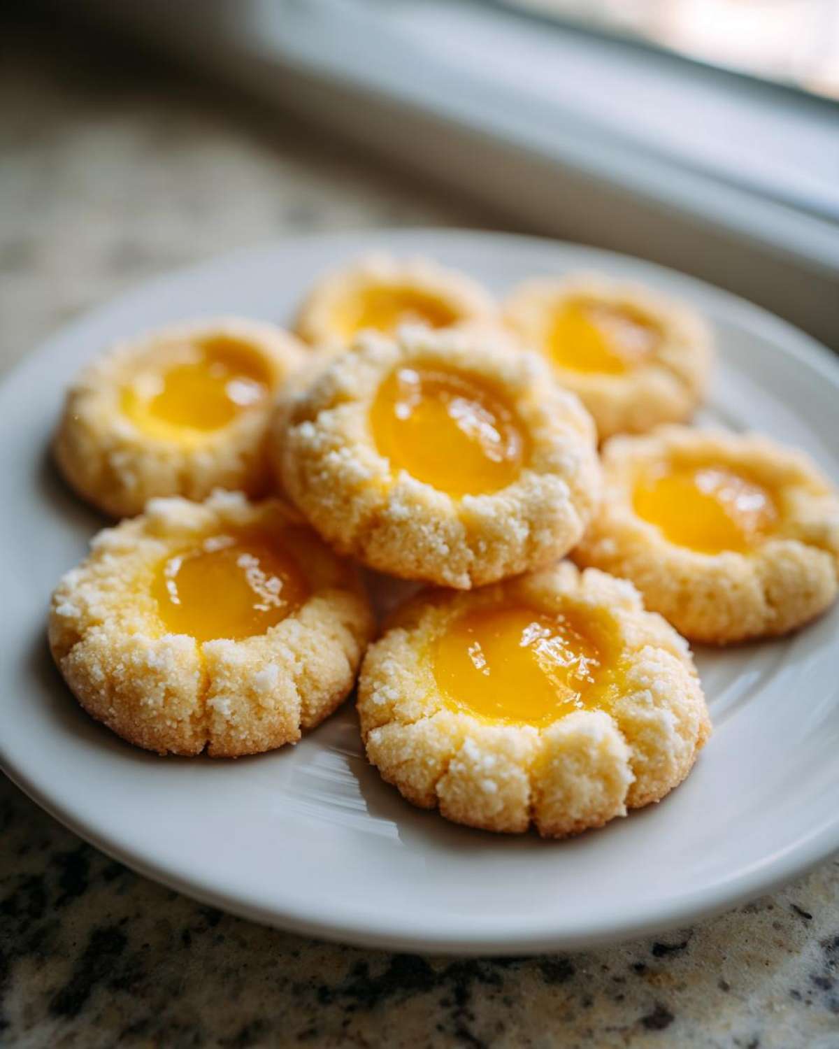 A white plate holding several bright Lemon Curd Thumbprint Cookies with a sunny yellow filling.
