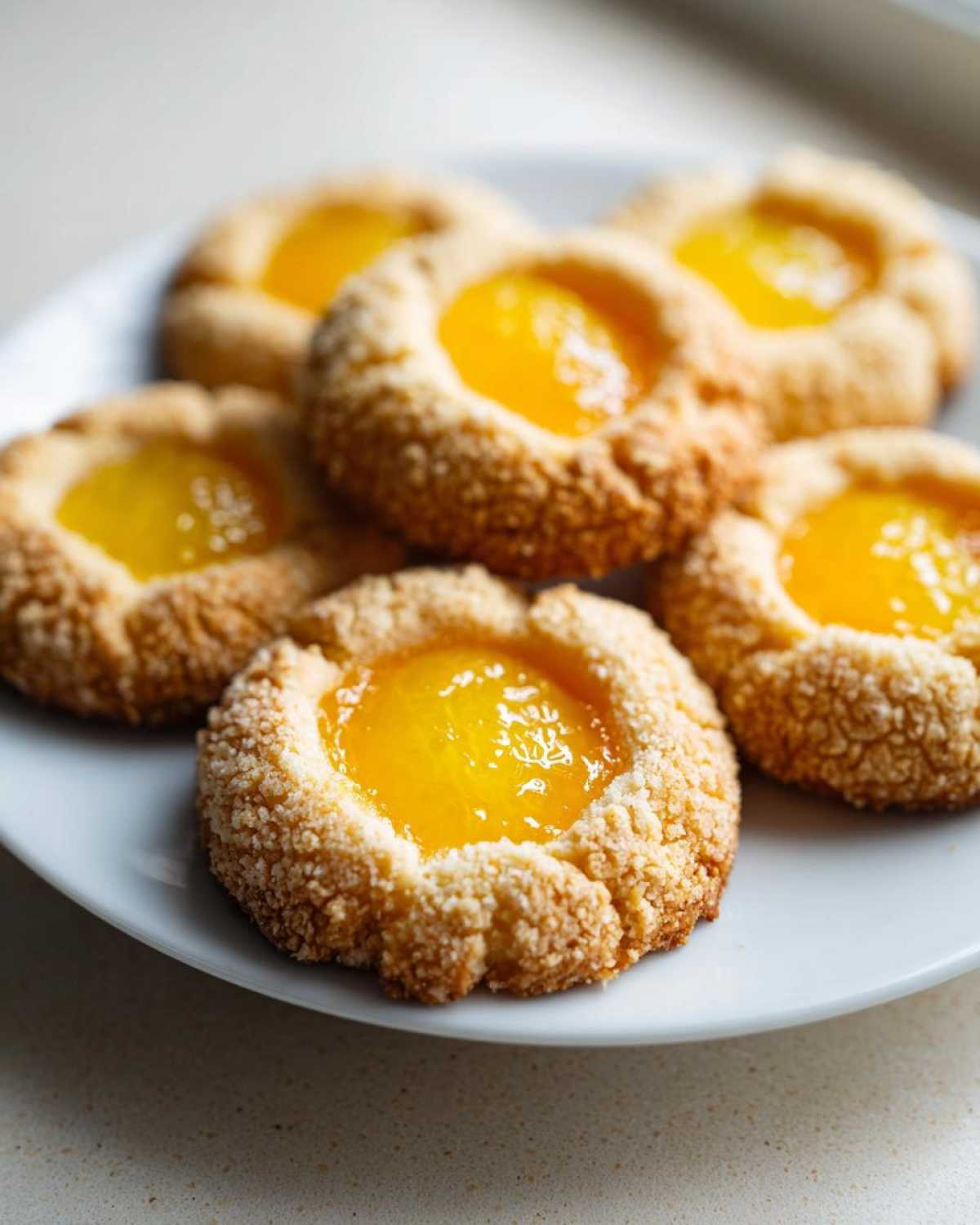 A close-up shot of several golden Lemon Curd Thumbprint Cookies with bright yellow centers arranged on a white plate.