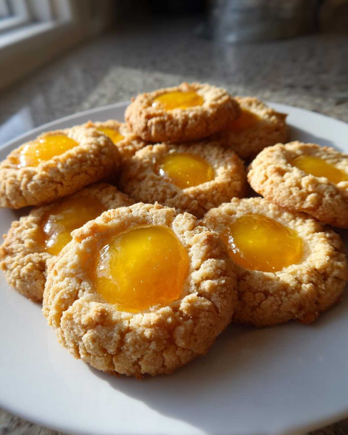 A close-up of several freshly baked Lemon Curd Thumbprint Cookies with bright yellow centers on a white plate.