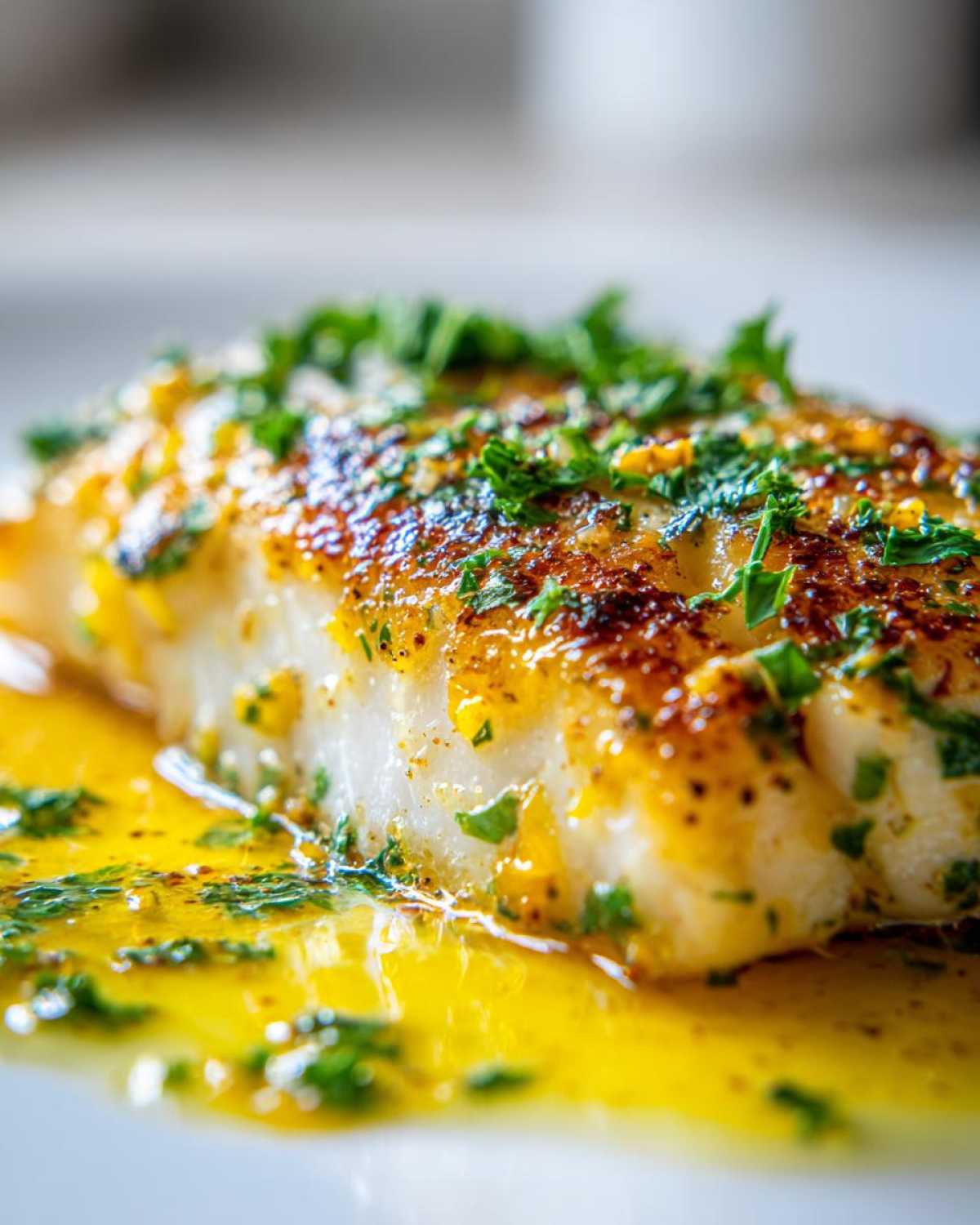 Close-up of a perfectly cooked Lemon Garlic Butter Tilapia fillet glistening in sauce and topped with fresh parsley.