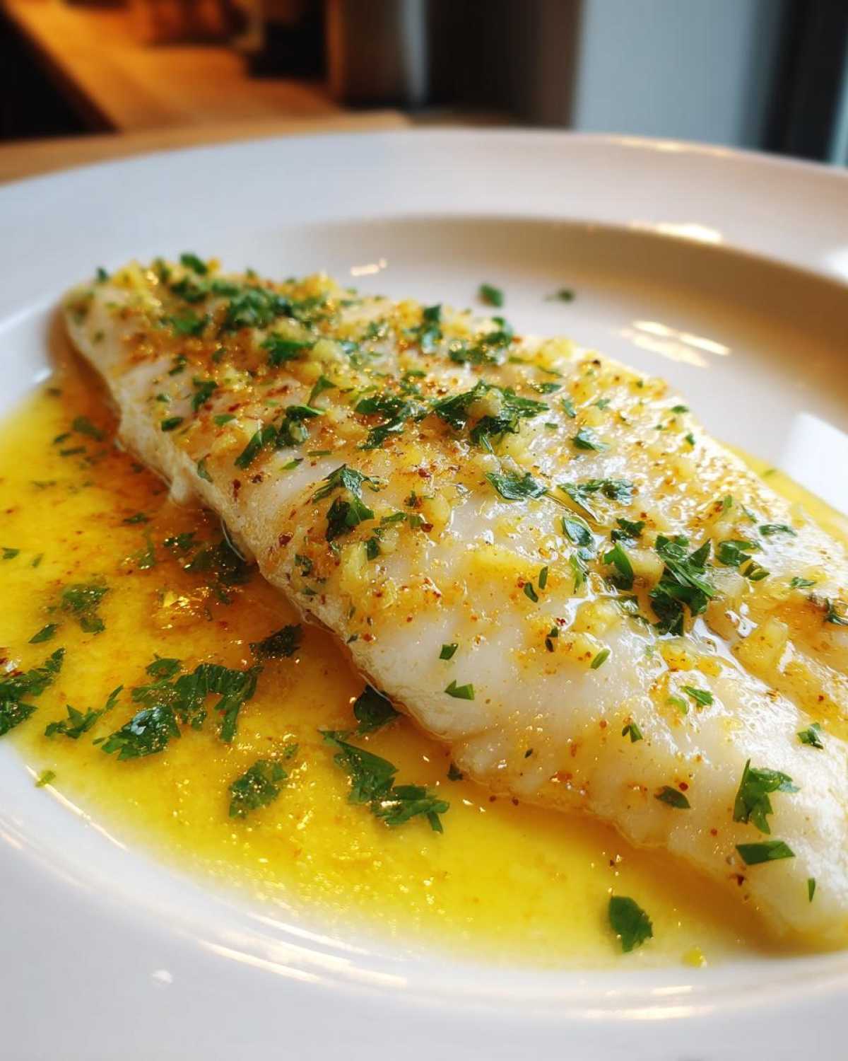 A perfectly cooked fillet of Lemon Garlic Butter Tilapia swimming in bright yellow butter sauce, topped with minced garlic and fresh parsley.