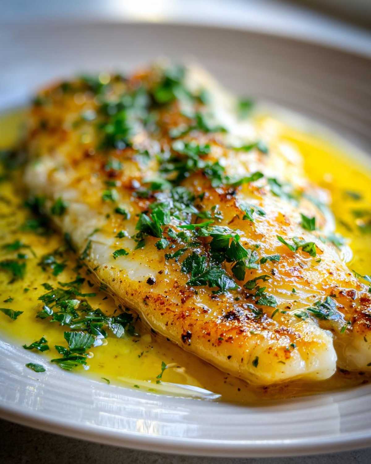 Close-up of a perfectly cooked Lemon Garlic Butter Tilapia fillet swimming in bright yellow sauce and topped with fresh parsley.