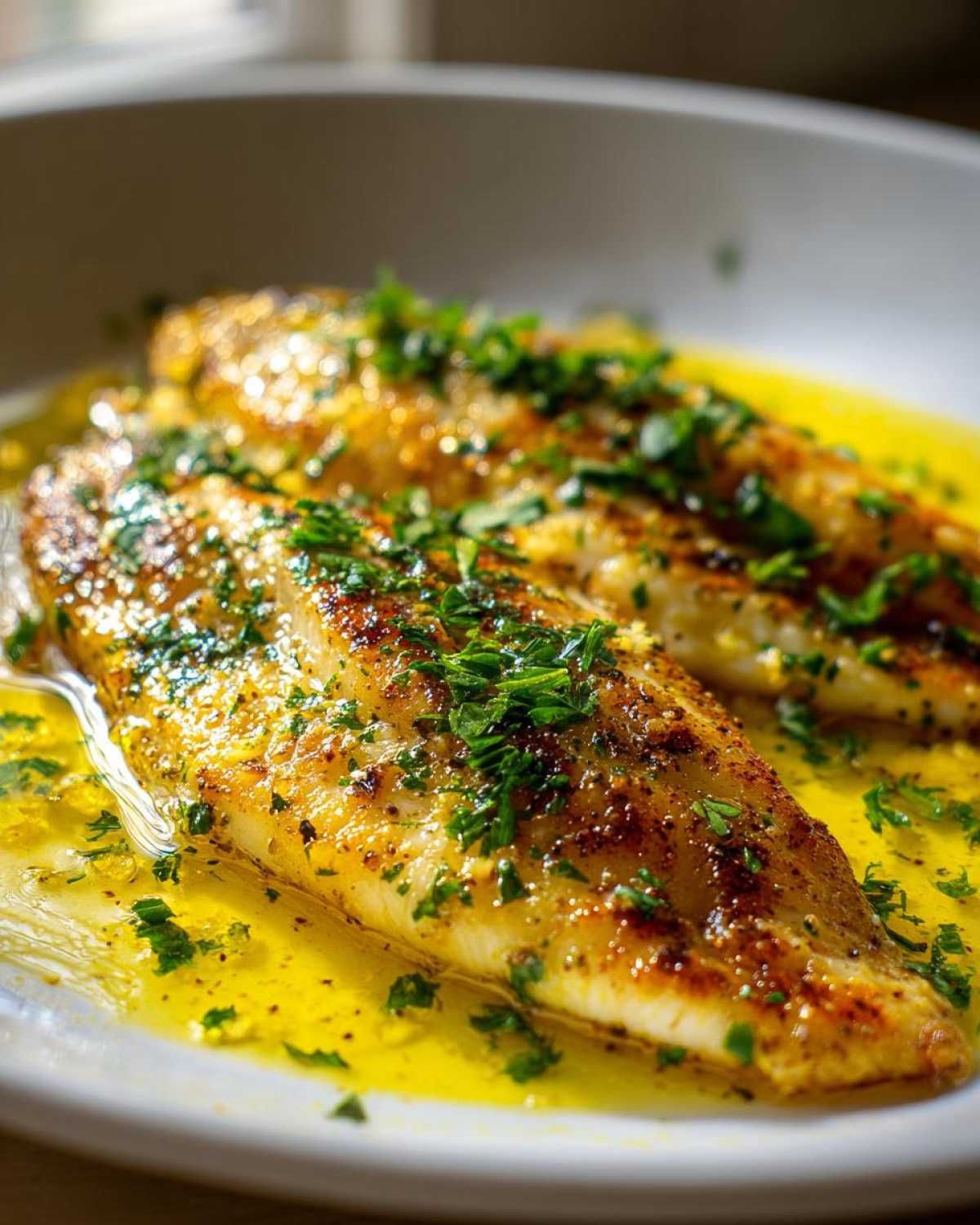 Two golden-brown Lemon Garlic Butter Tilapia fillets swimming in bright yellow butter sauce and topped with fresh parsley.