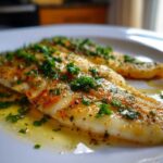 Close-up of two golden-brown Lemon Garlic Butter Tilapia fillets topped with fresh chopped parsley.