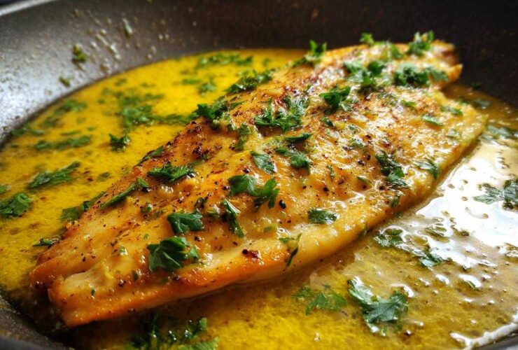 A perfectly cooked fillet of Lemon Garlic Butter Tilapia sizzling in a bright yellow lemon butter sauce.