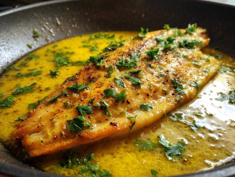 A perfectly cooked fillet of Lemon Garlic Butter Tilapia sizzling in a bright yellow lemon butter sauce.