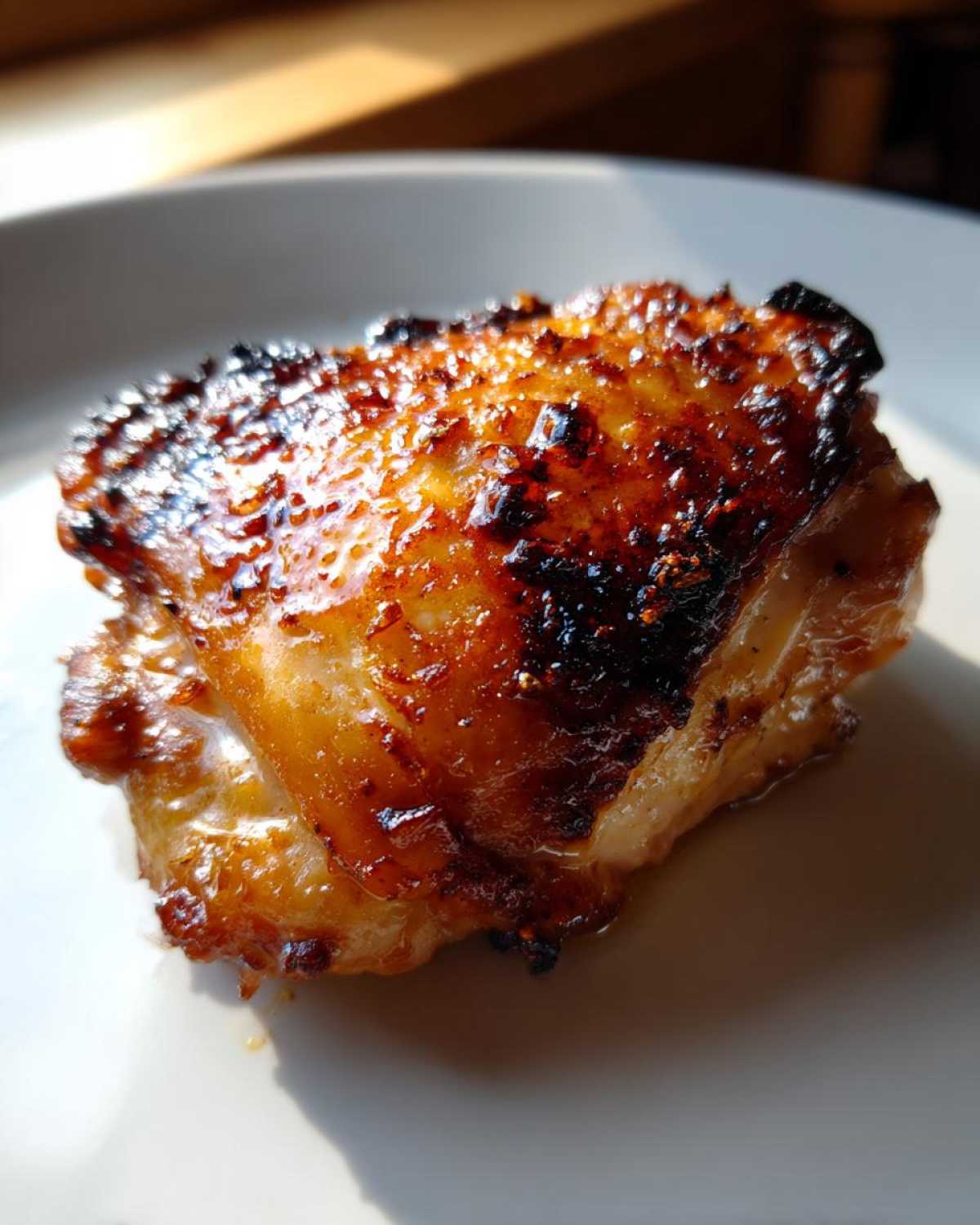 Close-up of a crispy, glazed Lemon Garlic Roasted Chicken Thigh with caramelized edges on a white plate.
