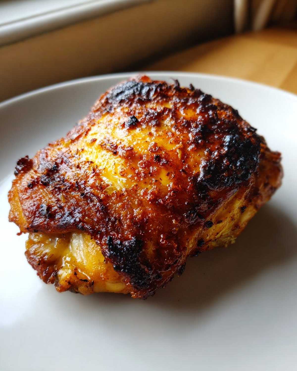 Close-up of a perfectly roasted chicken thigh with crispy, browned skin from Lemon Garlic Roasted Chicken Thighs.
